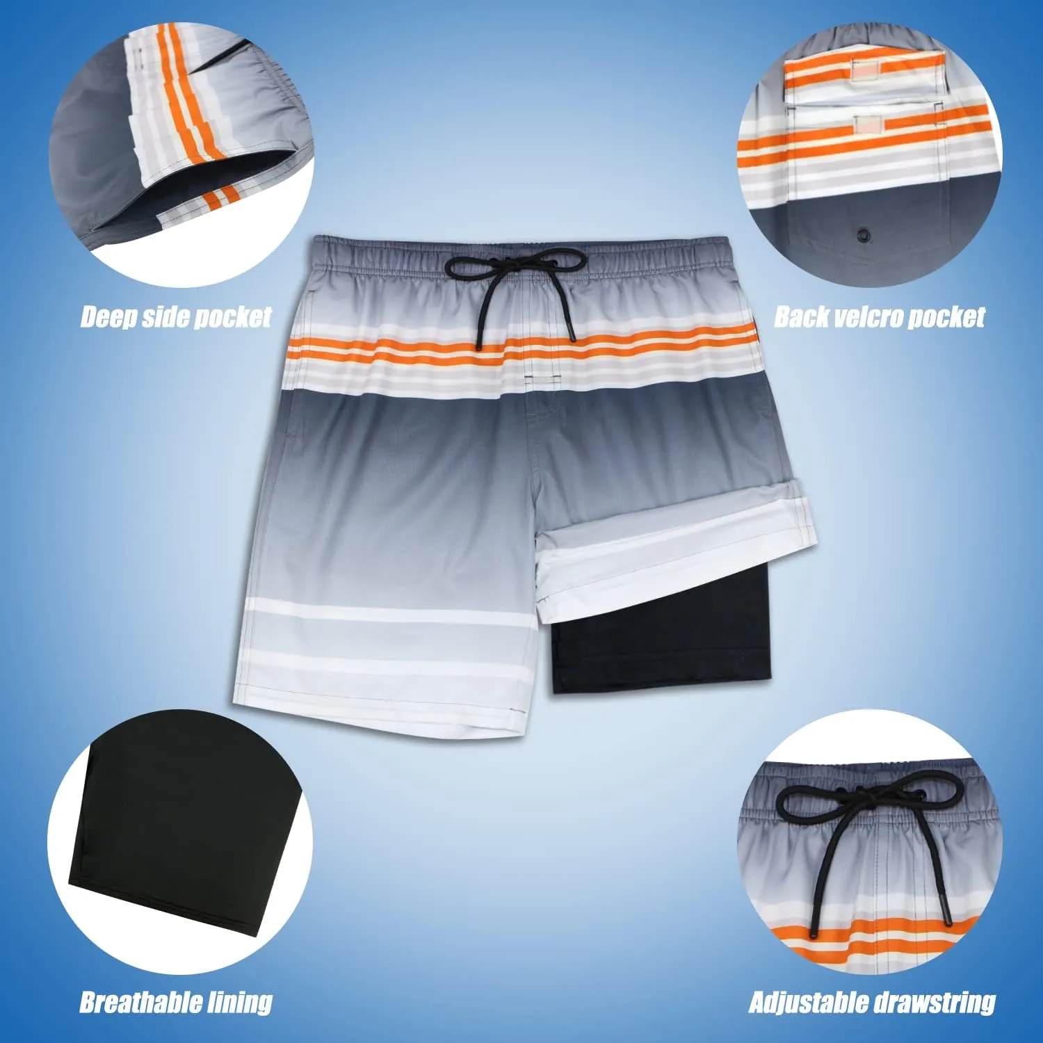 QRANSS Mens Swimming Trunks with Compression Liner 9'' Quick Dry Long Swim Shorts Swimwear Boardshorts with Boxer Brief Liner