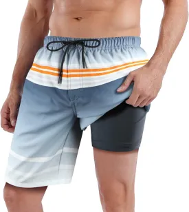 QRANSS Mens Swimming Trunks with Compression Liner 9'' Quick Dry Long Swim Shorts Swimwear Boardshorts with Boxer Brief Liner