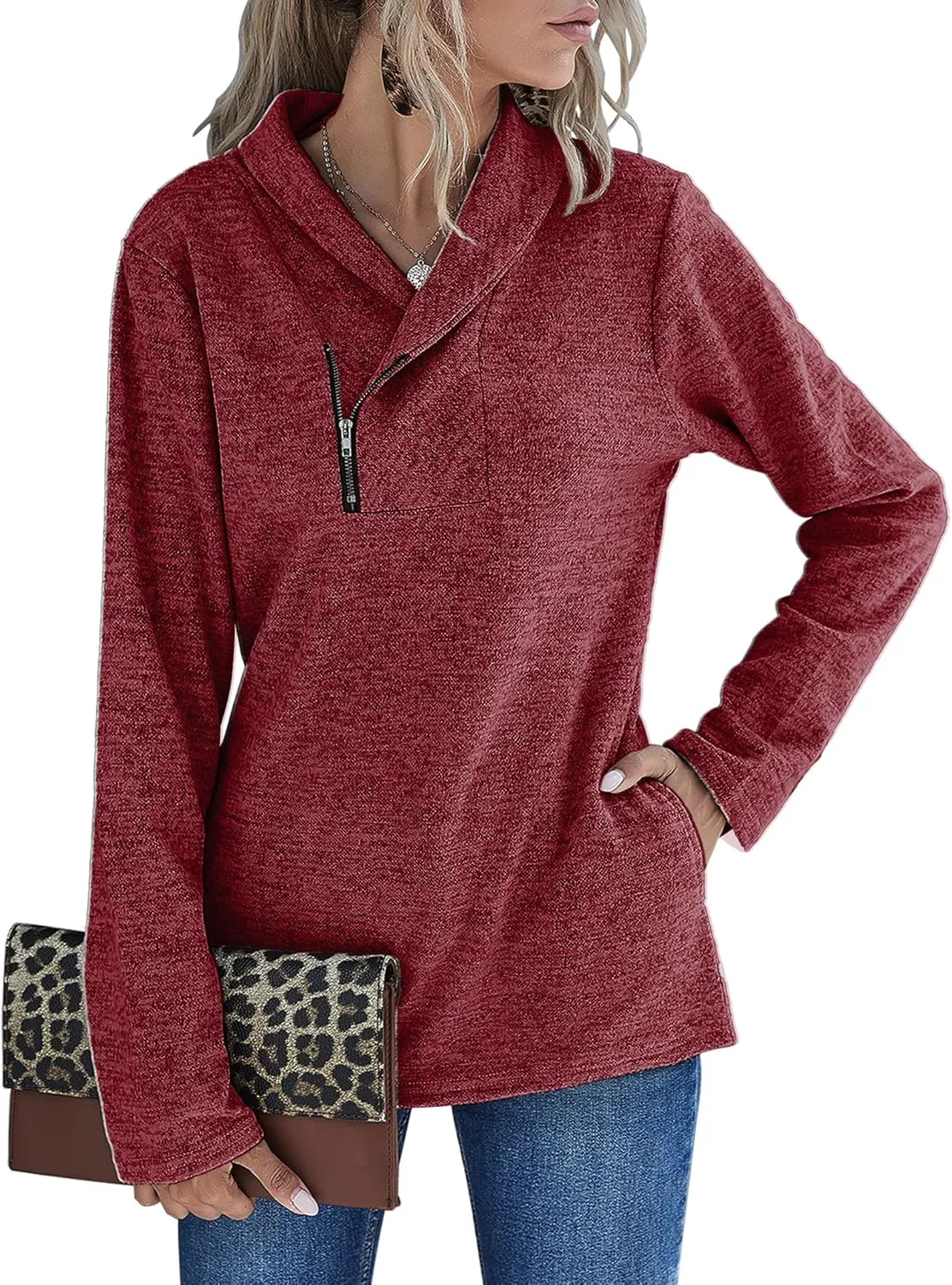 Romanstii Quarter Zip Sweatshirt for Women Fall Long Sleeve Cowl Neck Top 2024 Fashion Pullover with Pockets