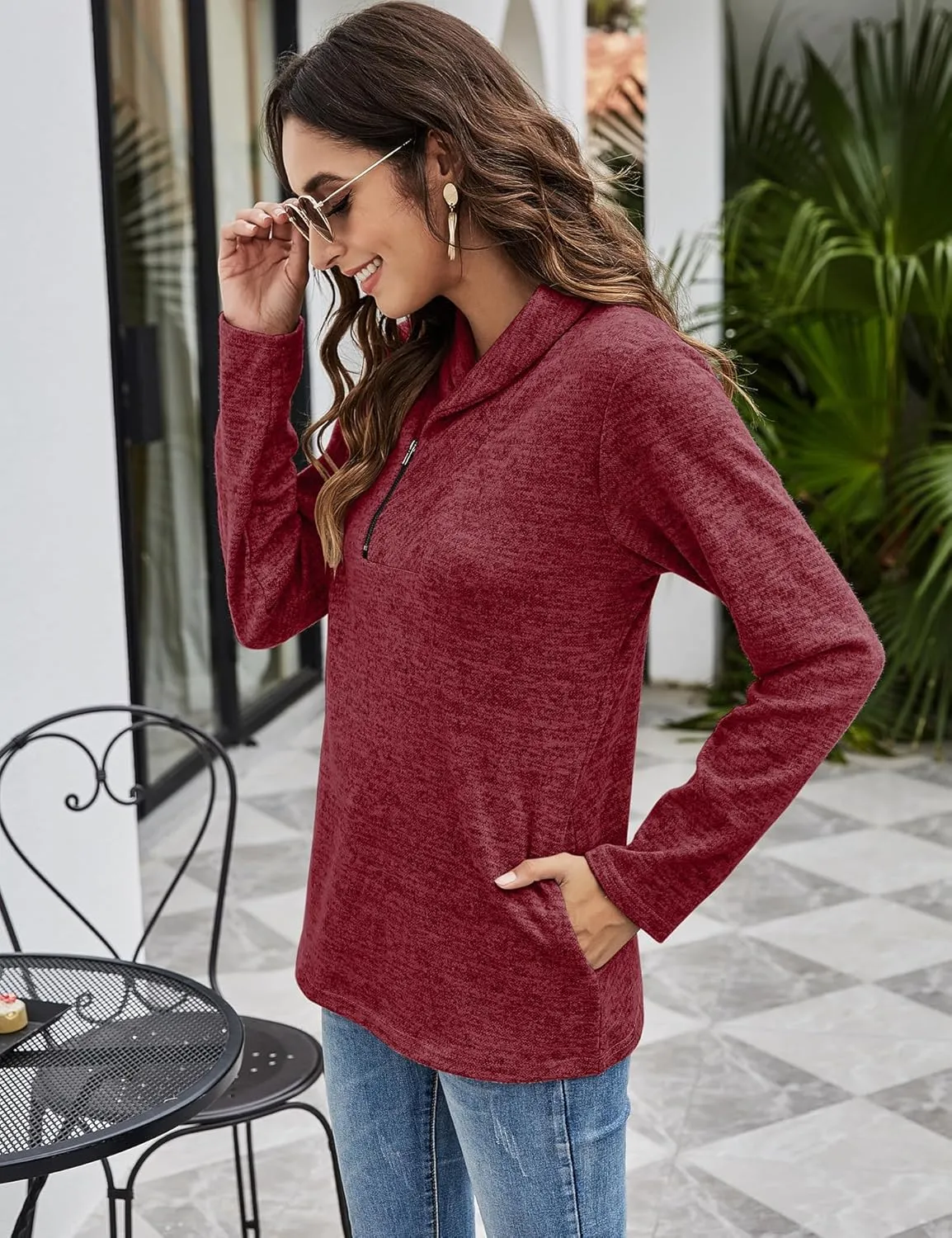 Romanstii Quarter Zip Sweatshirt for Women Fall Long Sleeve Cowl Neck Top 2024 Fashion Pullover with Pockets