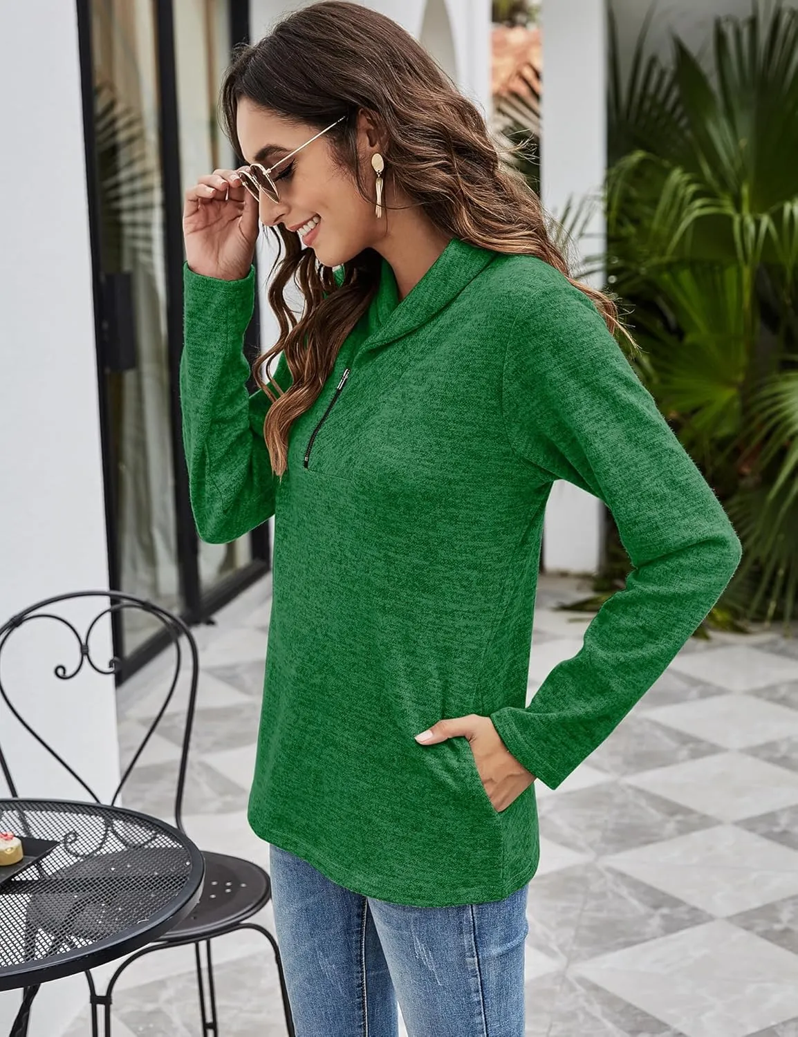 Romanstii Quarter Zip Sweatshirt for Women Fall Long Sleeve Cowl Neck Top 2024 Fashion Pullover with Pockets