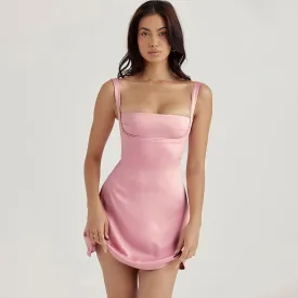Sexy Square Neck Sleeveless Suspender Strap Micro Mini Satin Sundress