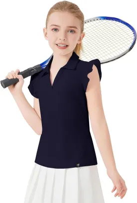 Soneven Girls Sleeveless Golf Polo Shirts V Neck Ruffle Sleeve Tennis Shirts Pickleball Golf Tank Tops for Age 4-16 Years