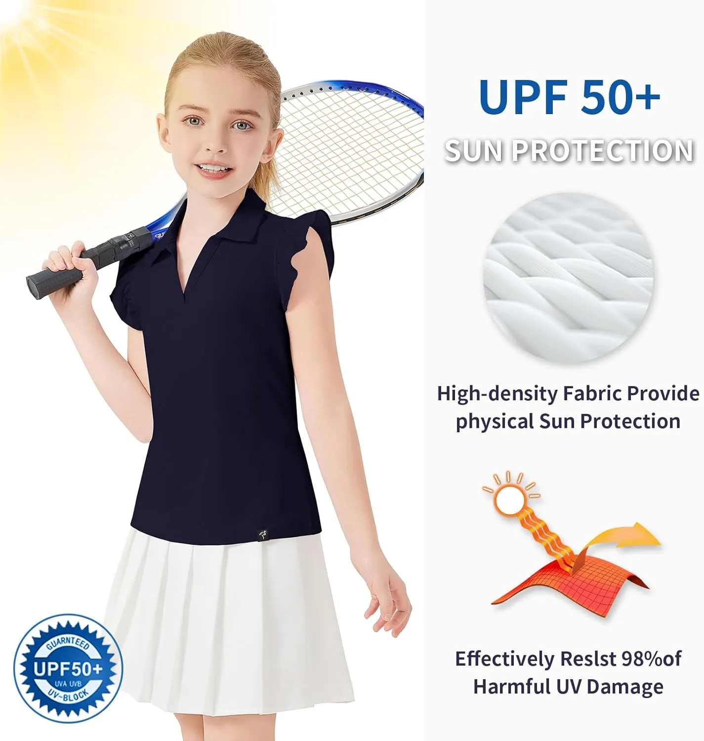 Soneven Girls Sleeveless Golf Polo Shirts V Neck Ruffle Sleeve Tennis Shirts Pickleball Golf Tank Tops for Age 4-16 Years