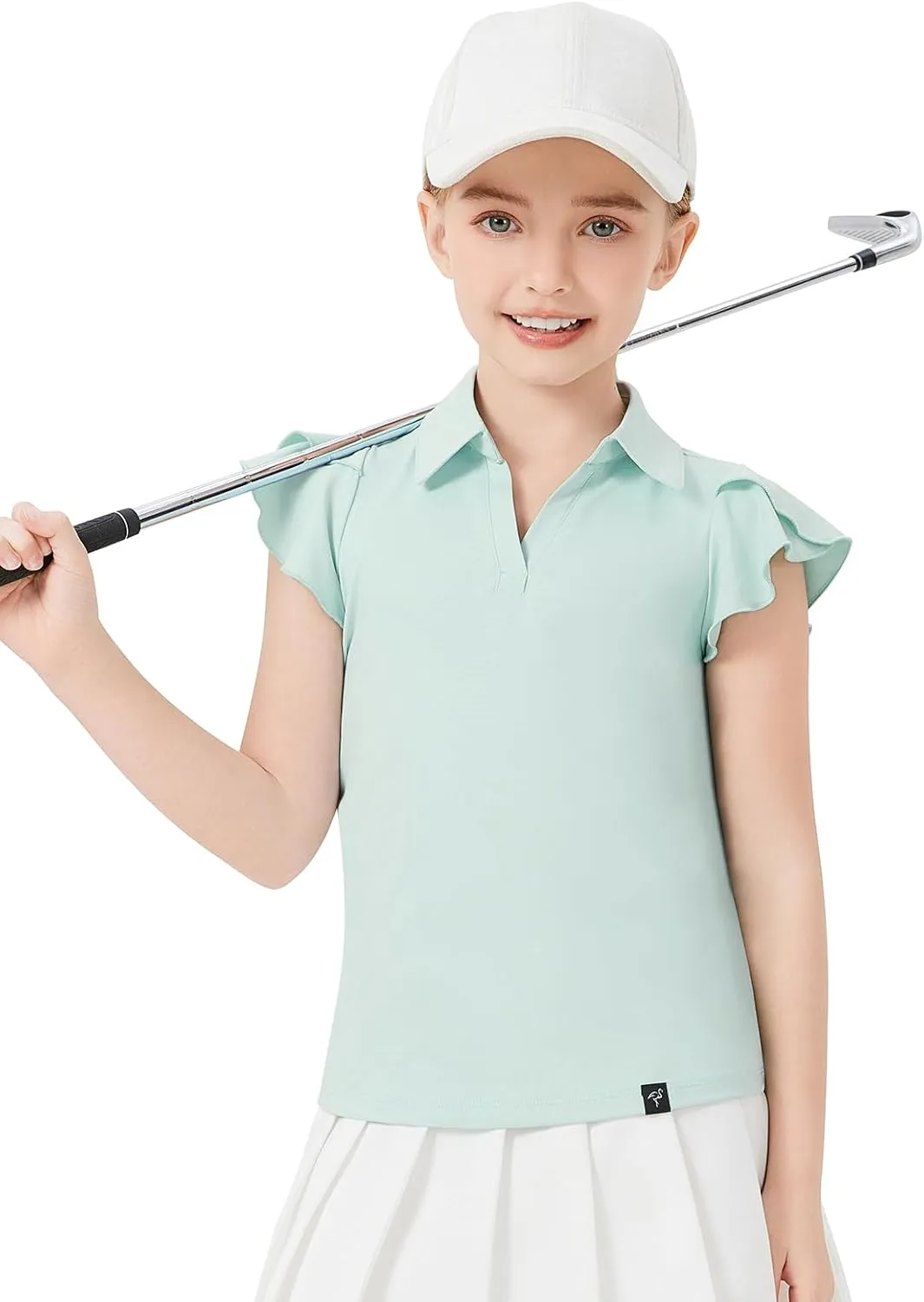 Soneven Girls Sleeveless Golf Polo Shirts V Neck Ruffle Sleeve Tennis Shirts Pickleball Golf Tank Tops for Age 4-16 Years