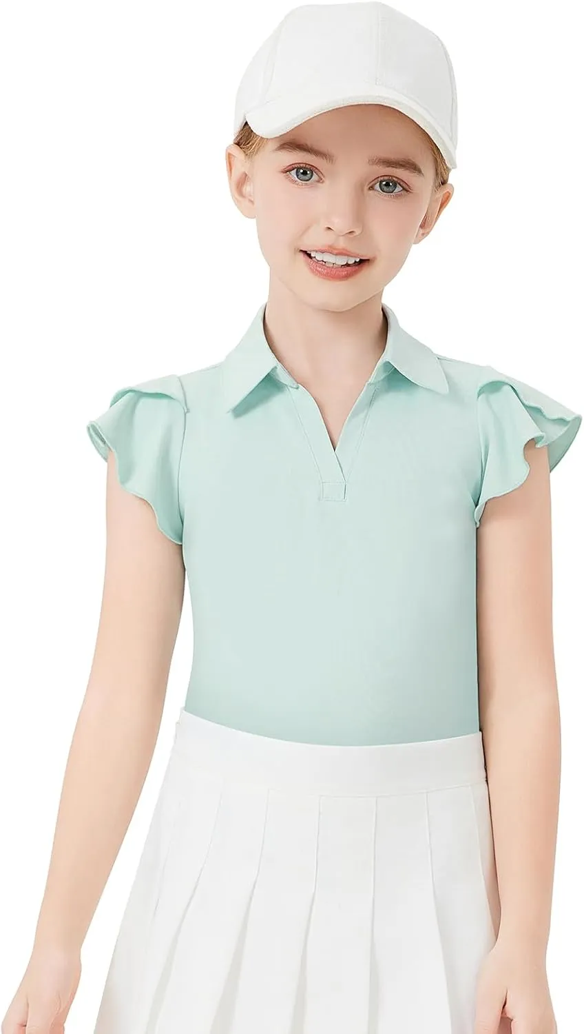 Soneven Girls Sleeveless Golf Polo Shirts V Neck Ruffle Sleeve Tennis Shirts Pickleball Golf Tank Tops for Age 4-16 Years