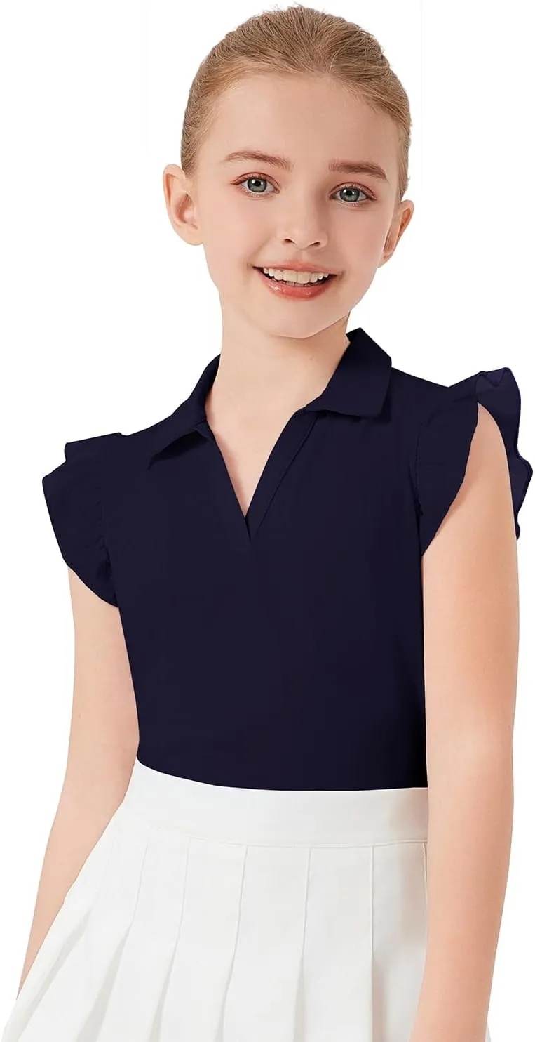 Soneven Girls Sleeveless Golf Polo Shirts V Neck Ruffle Sleeve Tennis Shirts Pickleball Golf Tank Tops for Age 4-16 Years