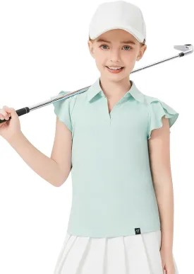Soneven Girls Sleeveless Golf Polo Shirts V Neck Ruffle Sleeve Tennis Shirts Pickleball Golf Tank Tops for Age 4-16 Years
