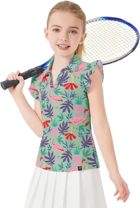 Soneven Girls Sleeveless Golf Polo Shirts V Neck Ruffle Sleeve Tennis Shirts Pickleball Golf Tank Tops for Age 4-16 Years