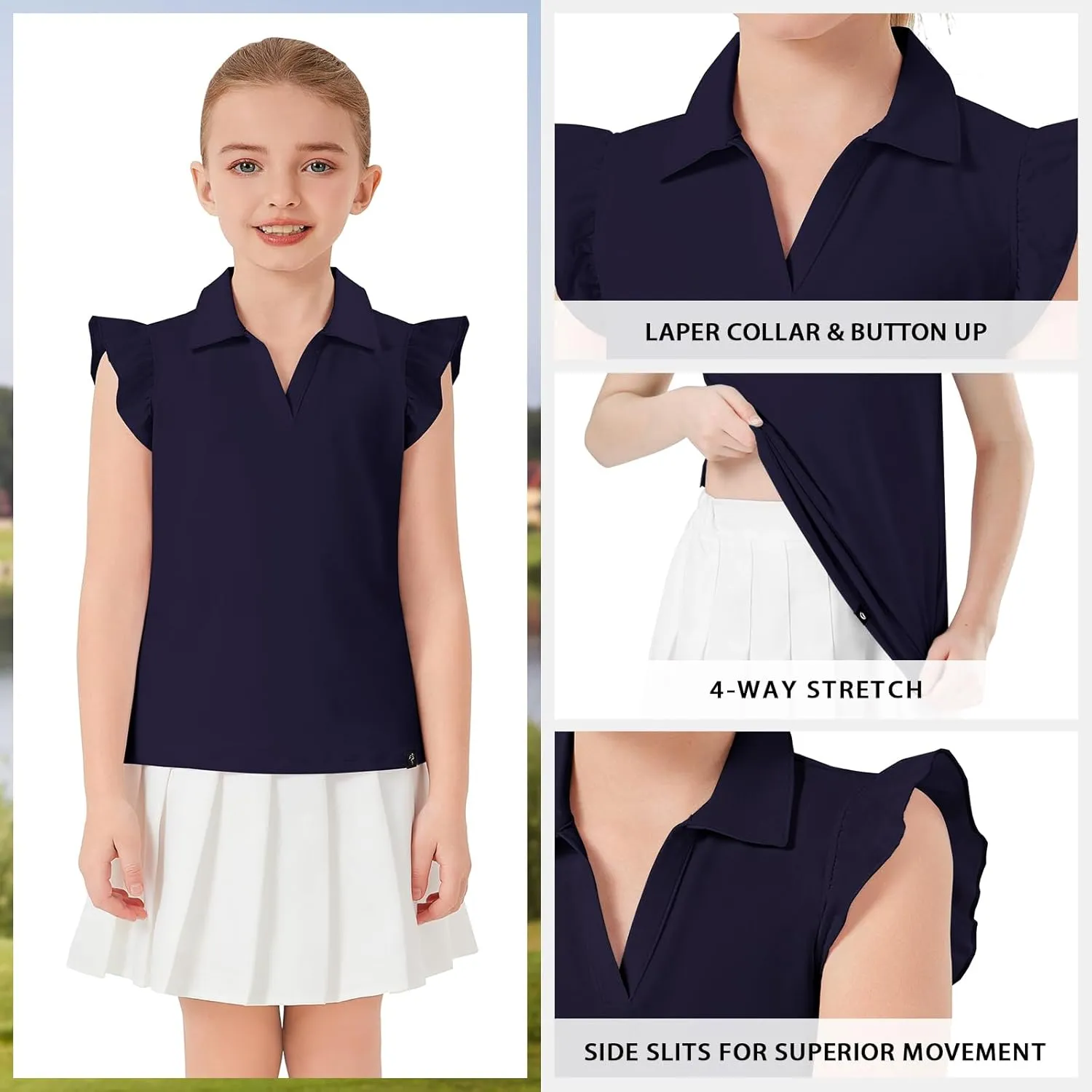 Soneven Girls Sleeveless Golf Polo Shirts V Neck Ruffle Sleeve Tennis Shirts Pickleball Golf Tank Tops for Age 4-16 Years
