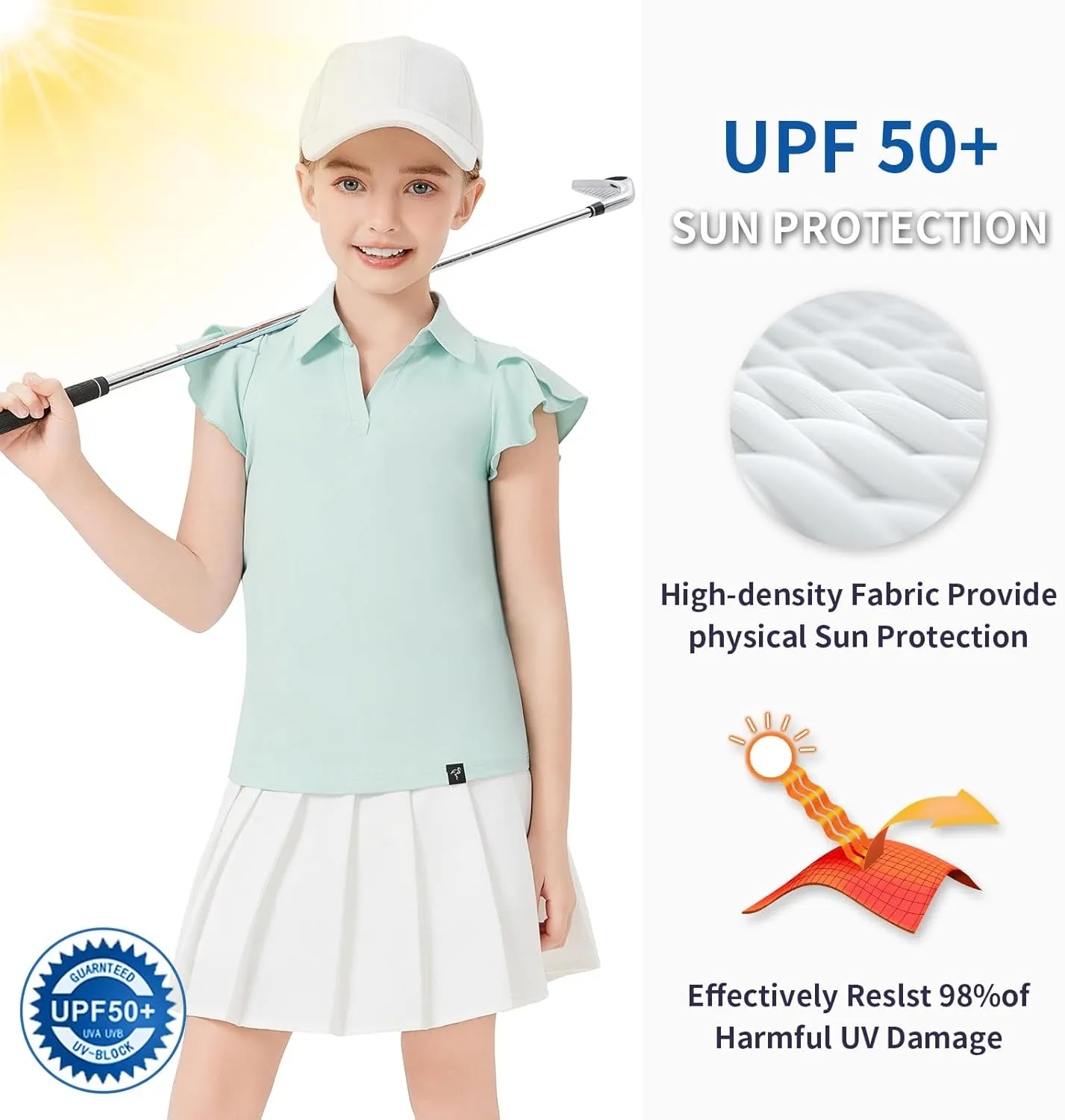 Soneven Girls Sleeveless Golf Polo Shirts V Neck Ruffle Sleeve Tennis Shirts Pickleball Golf Tank Tops for Age 4-16 Years