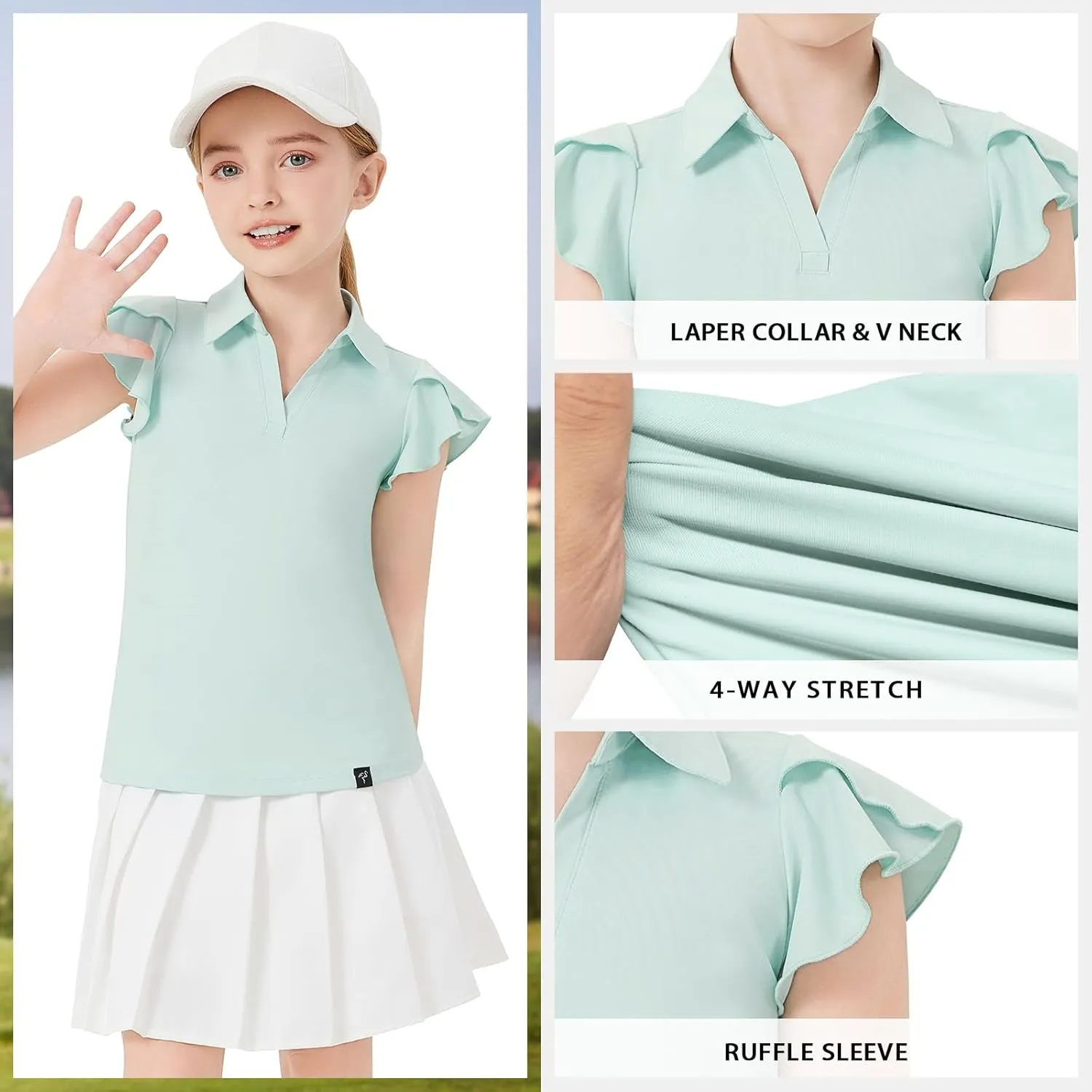 Soneven Girls Sleeveless Golf Polo Shirts V Neck Ruffle Sleeve Tennis Shirts Pickleball Golf Tank Tops for Age 4-16 Years