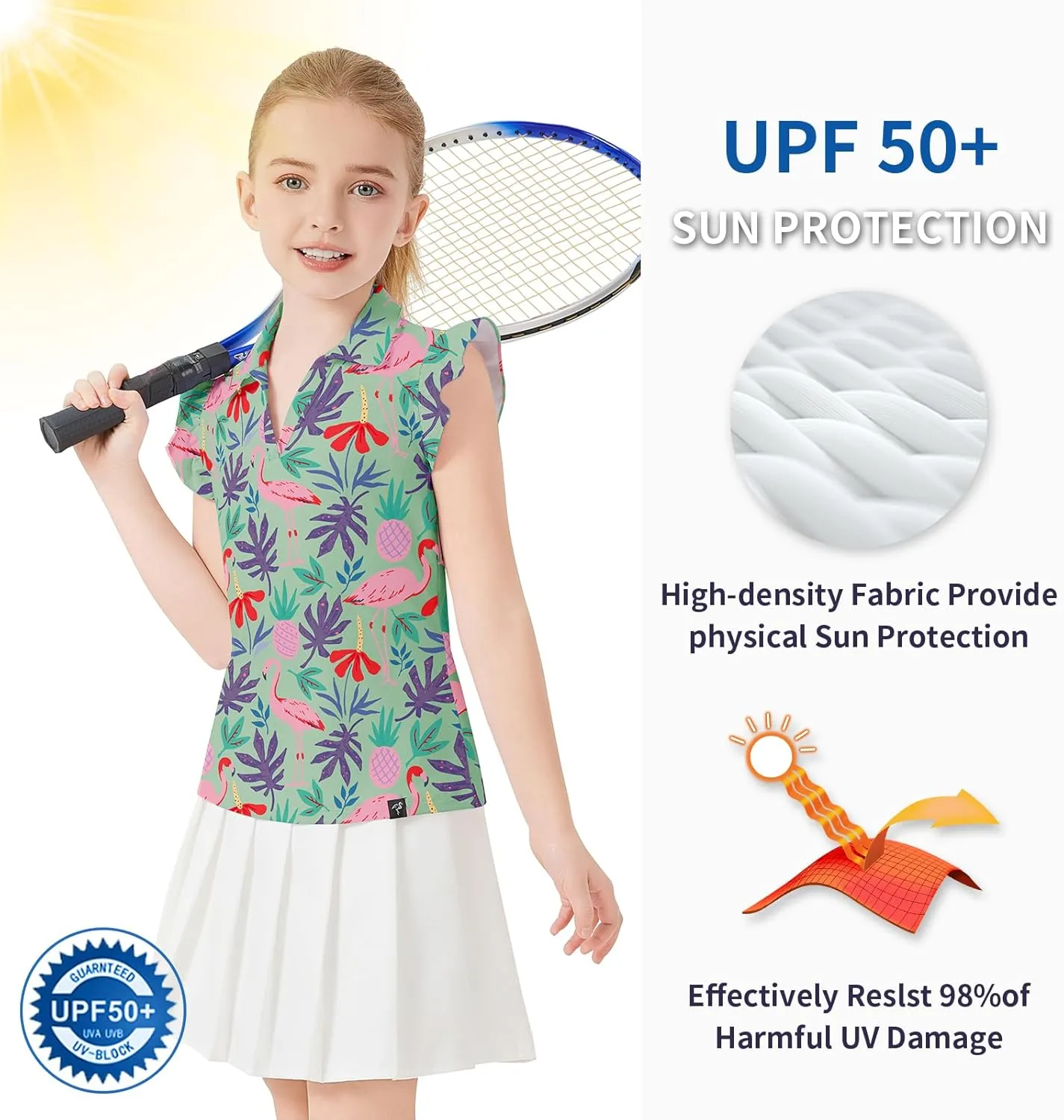Soneven Girls Sleeveless Golf Polo Shirts V Neck Ruffle Sleeve Tennis Shirts Pickleball Golf Tank Tops for Age 4-16 Years