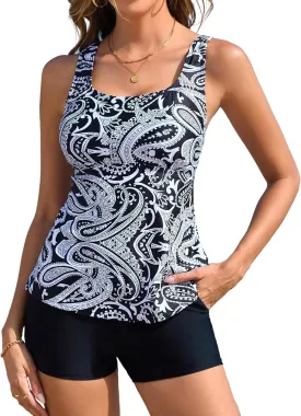 Tankini Swimsuits for Women Two Piece Tummy Control Swimsuit Top with Boyshort Modest Bathing Suit
