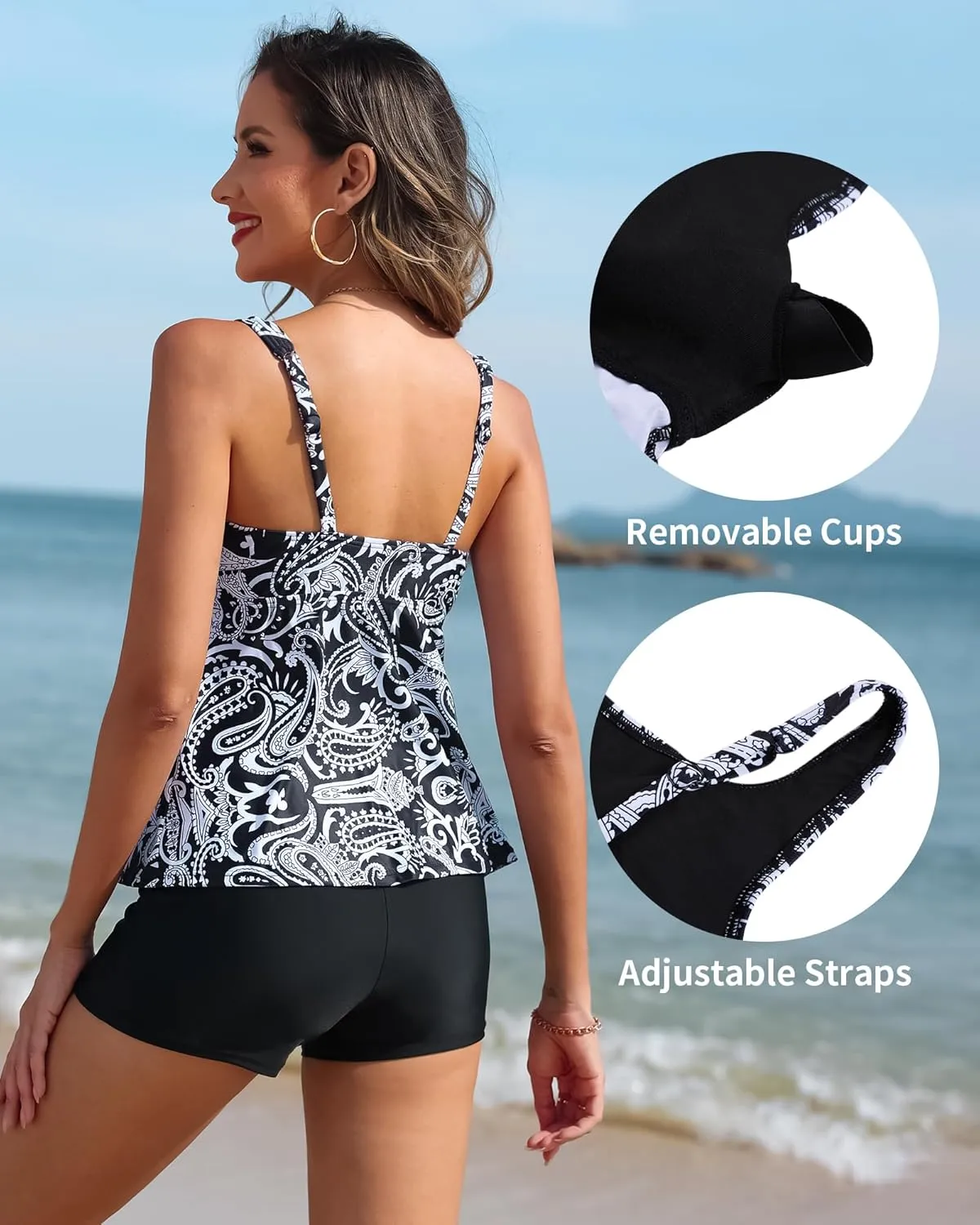 Tankini Swimsuits for Women Two Piece Tummy Control Swimsuit Top with Boyshort Modest Bathing Suit