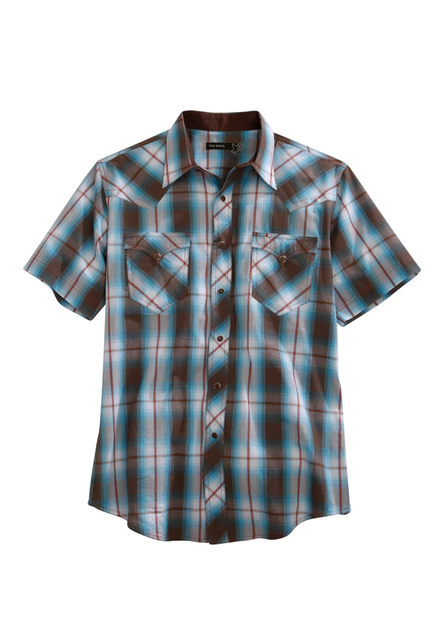 Tin Haul Mens Brown 100% Cotton Turquoise Plaid S/S Shirt