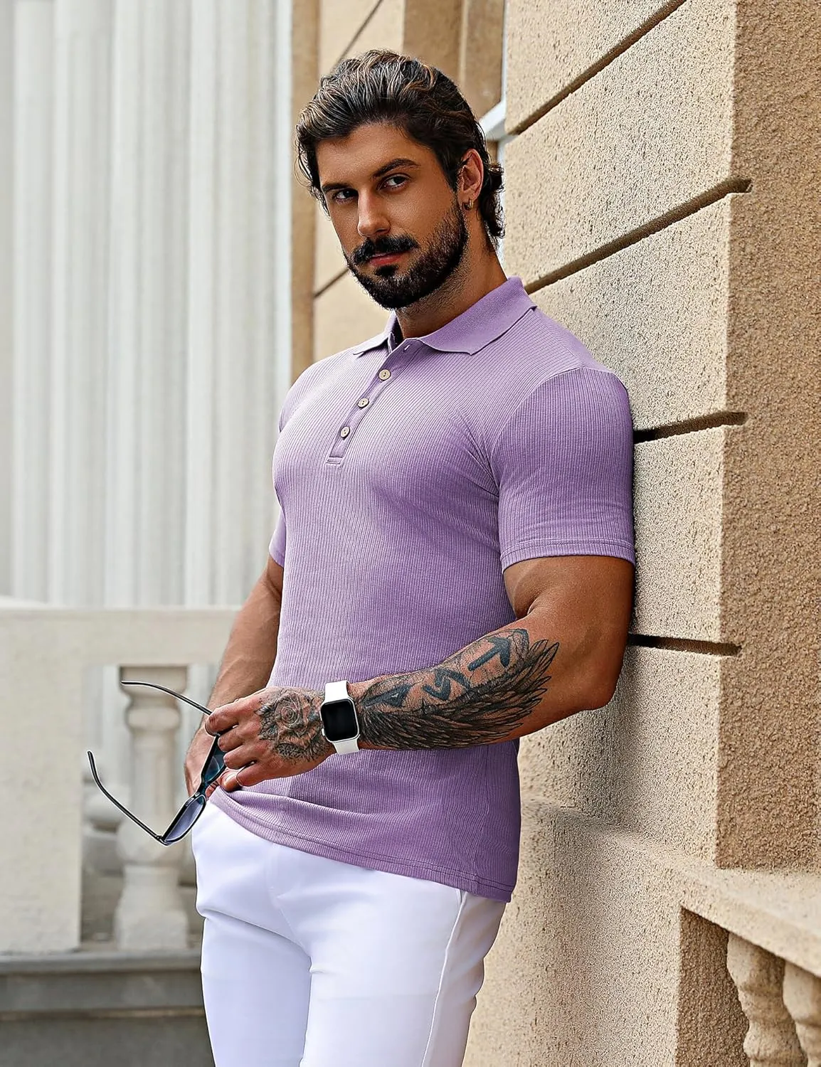 URRU Men's Muscle T Shirts Stretch Short Sleeve Workout Tee Casual Slim Fit Polo Shirt