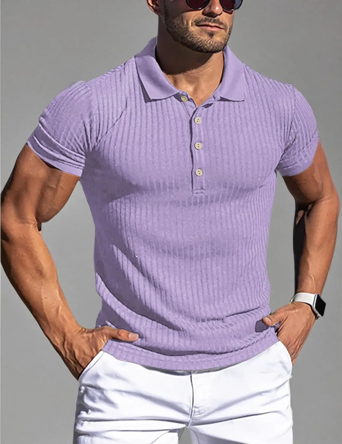 URRU Men's Muscle T Shirts Stretch Short Sleeve Workout Tee Casual Slim Fit Polo Shirt