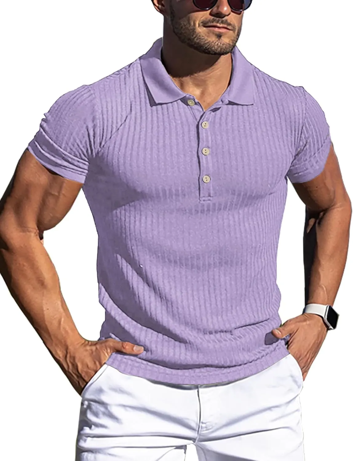 URRU Men's Muscle T Shirts Stretch Short Sleeve Workout Tee Casual Slim Fit Polo Shirt
