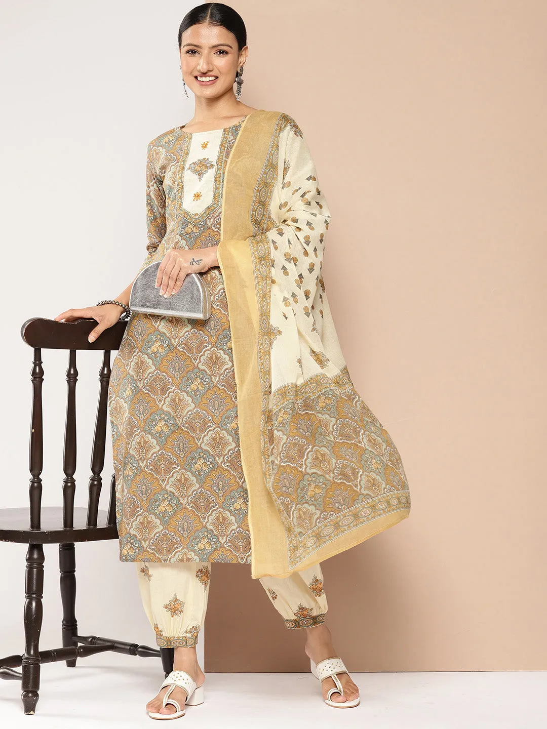 Women Brown Pure Cotton Kurta Set With Dupatta