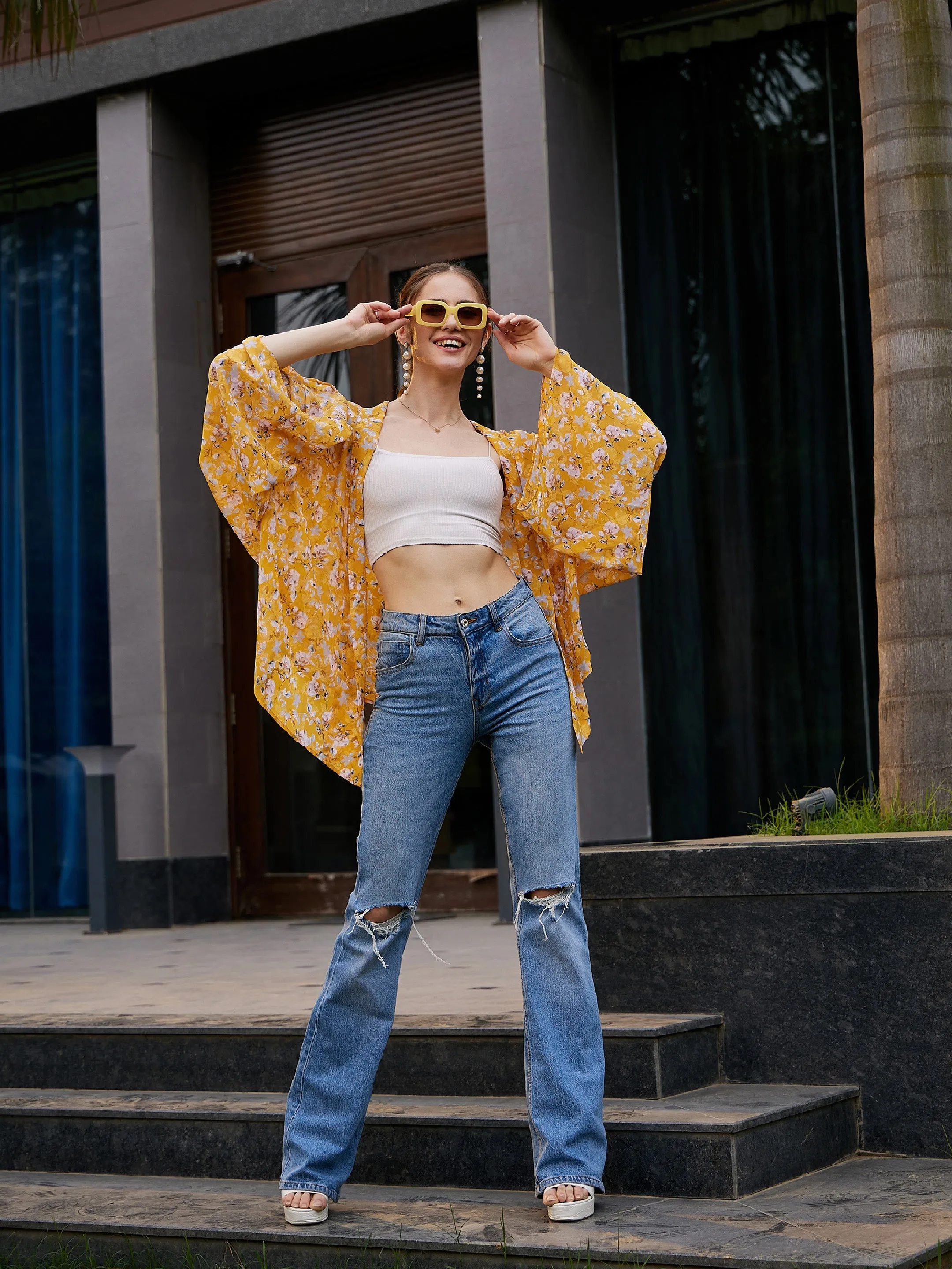 Women Yellow Floral Front Open Shrug