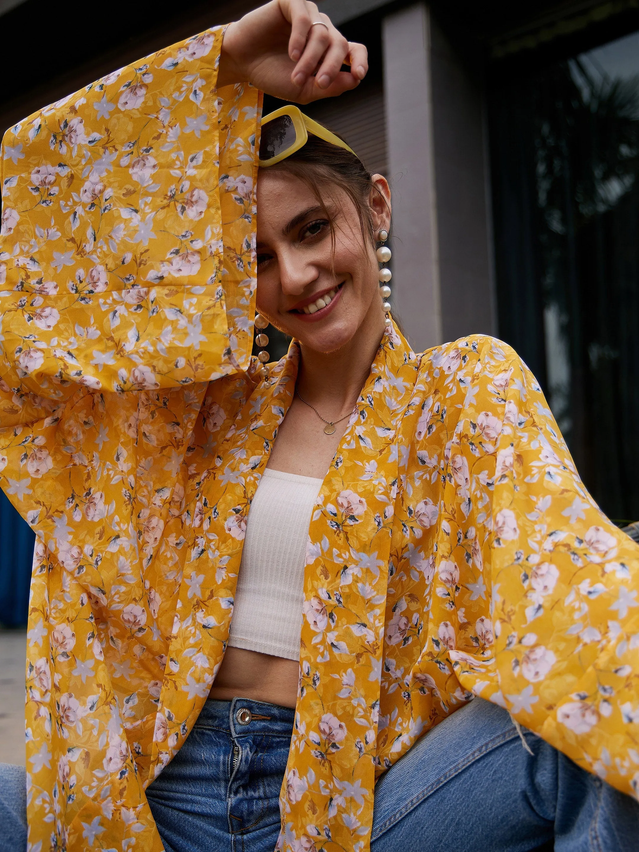 Women Yellow Floral Front Open Shrug