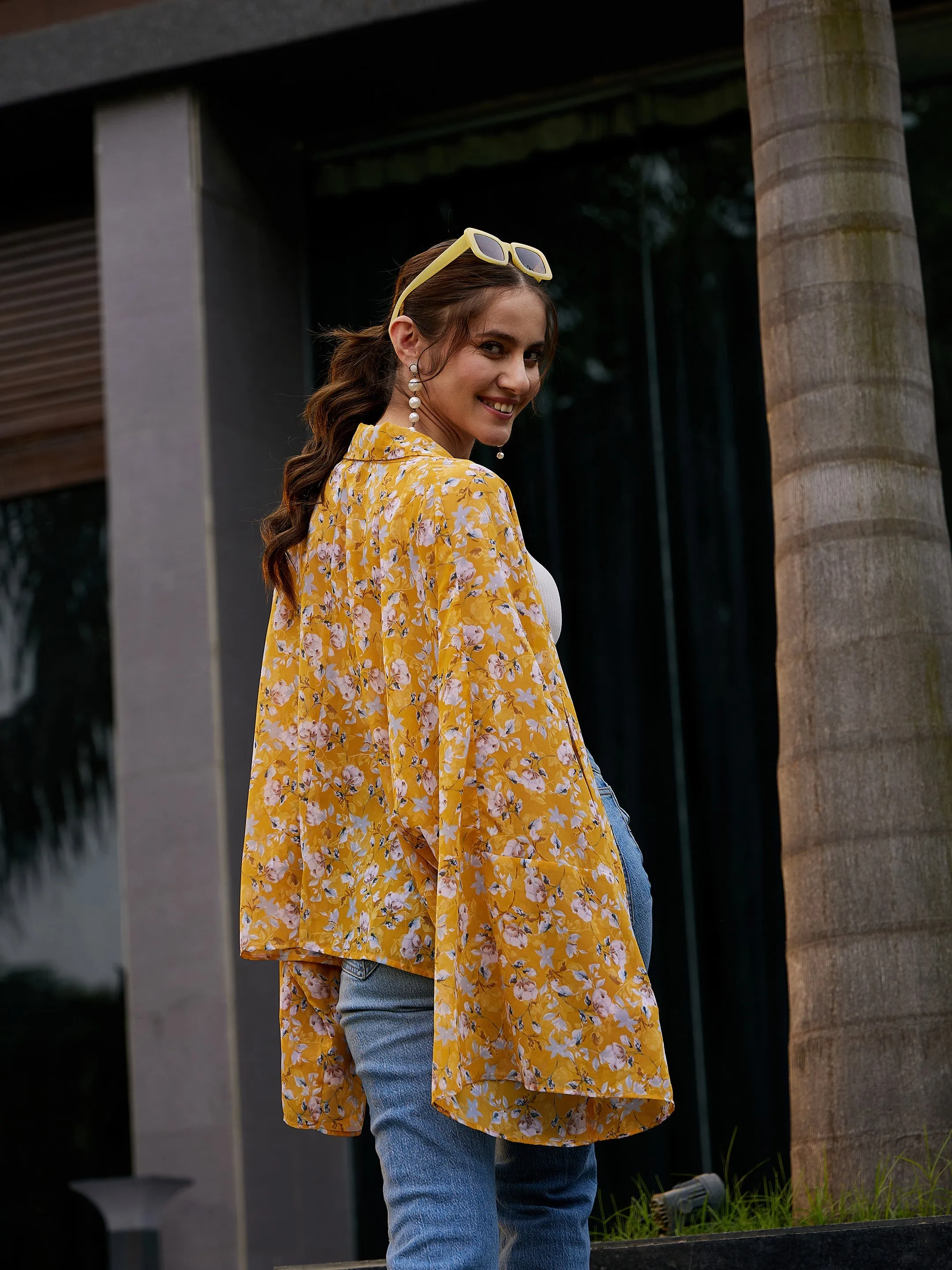 Women Yellow Floral Front Open Shrug