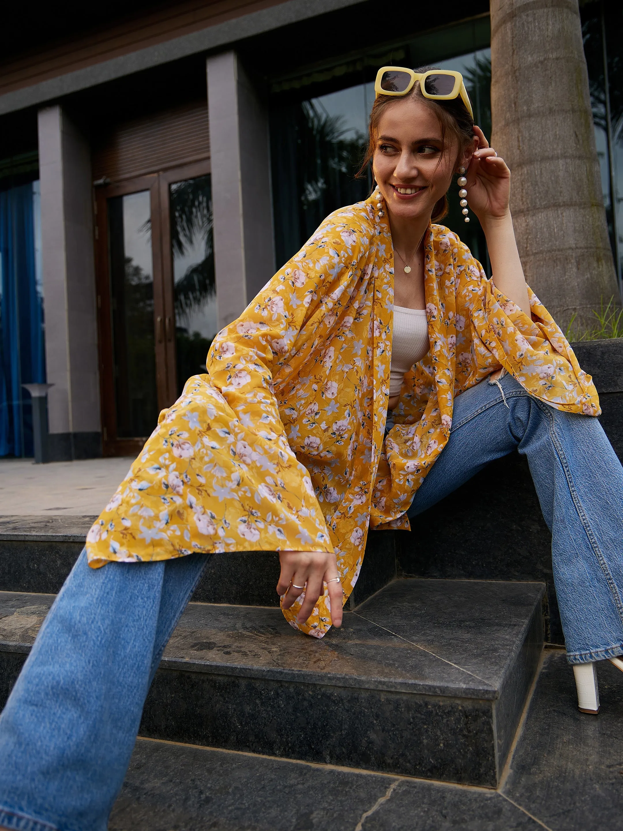 Women Yellow Floral Front Open Shrug