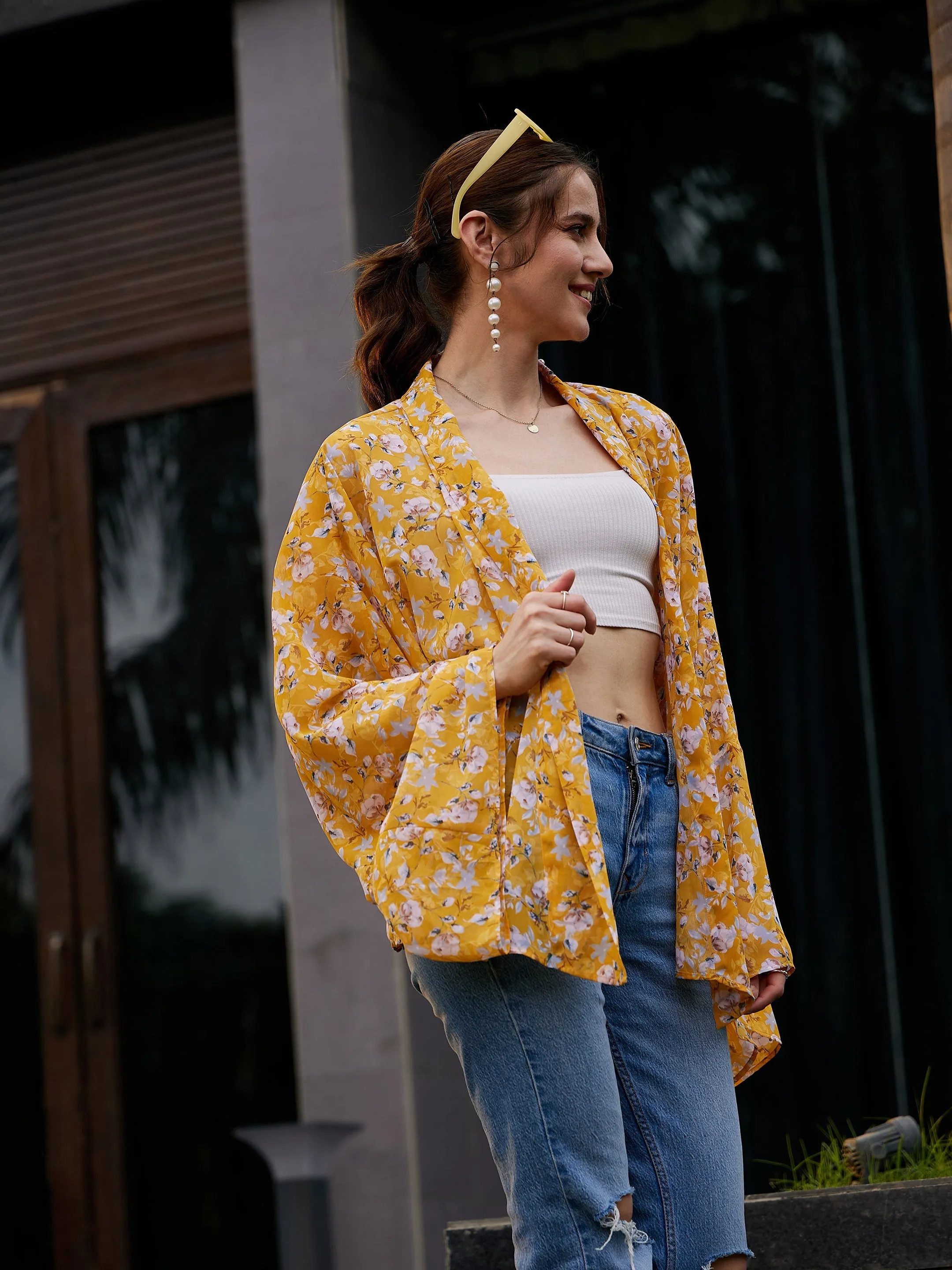 Women Yellow Floral Front Open Shrug