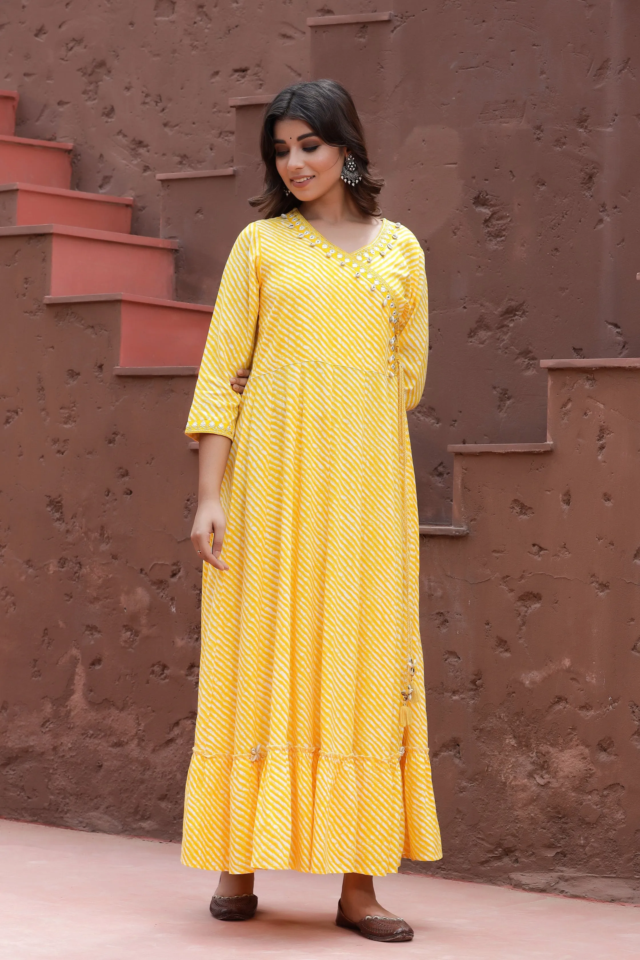 Women Yellow Lehariya Printed Dress