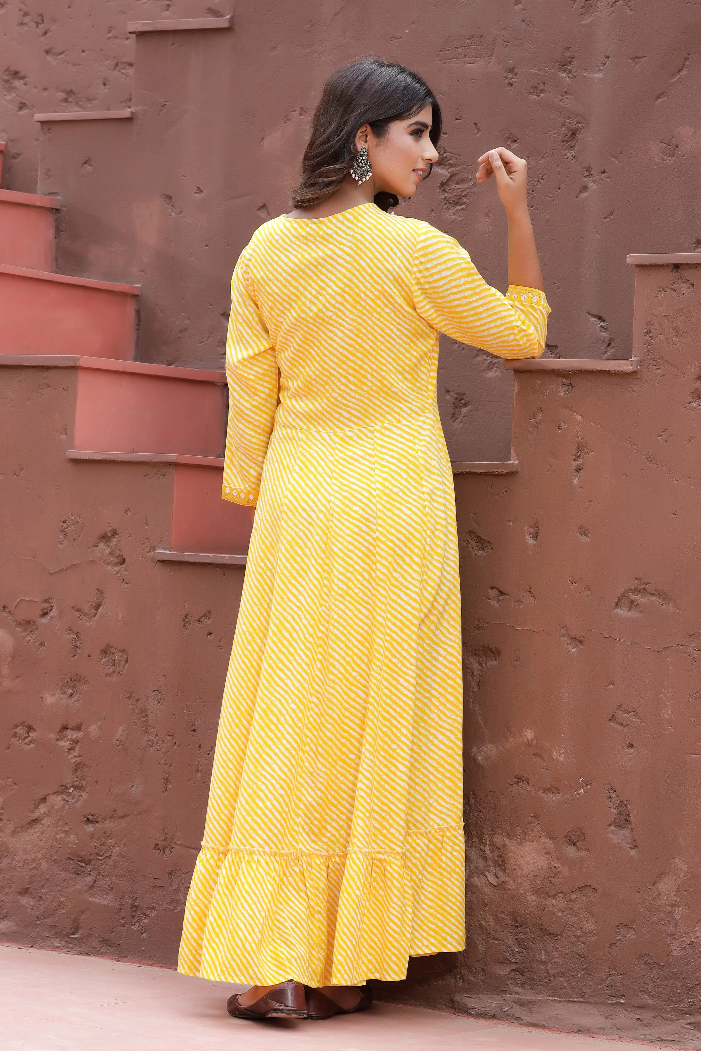 Women Yellow Lehariya Printed Dress