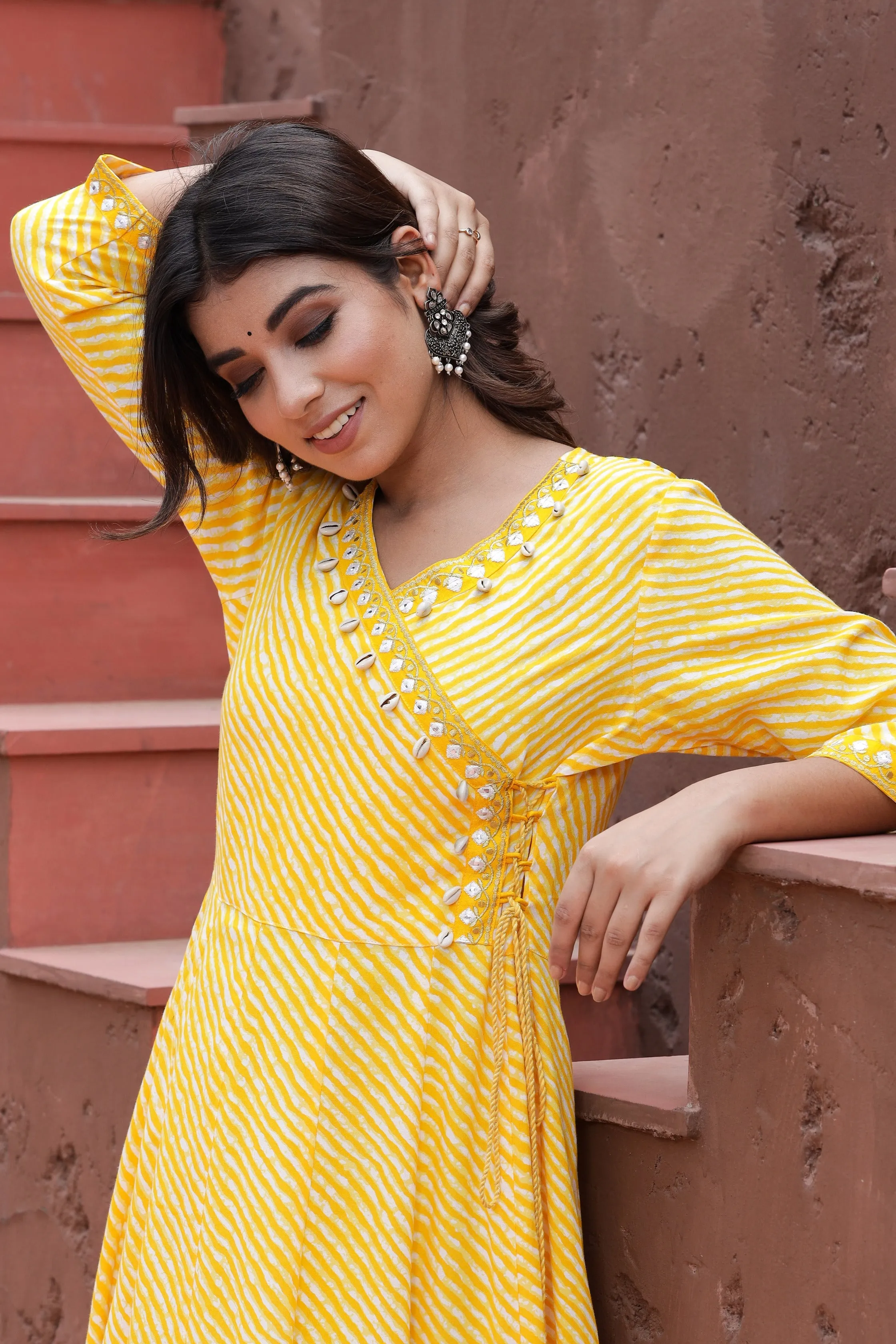 Women Yellow Lehariya Printed Dress