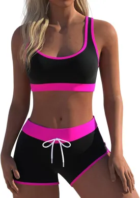 Womens Sport Two Piece Swimsuits Racerback Tops Boyshort Bottom