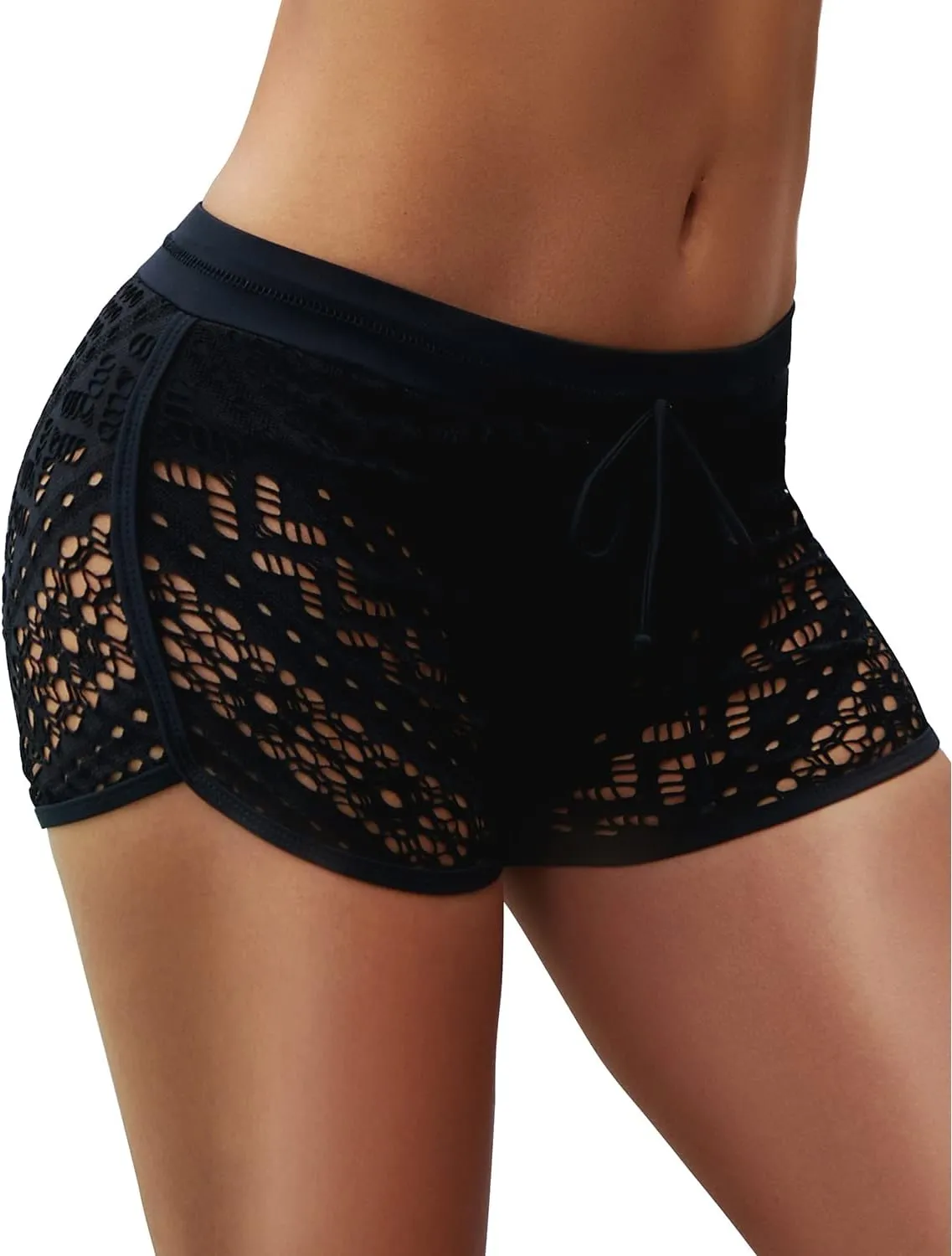 Women's Swim Shorts Waistband Swimsuit Bottom Board Shorts Lace Hollow Swimming