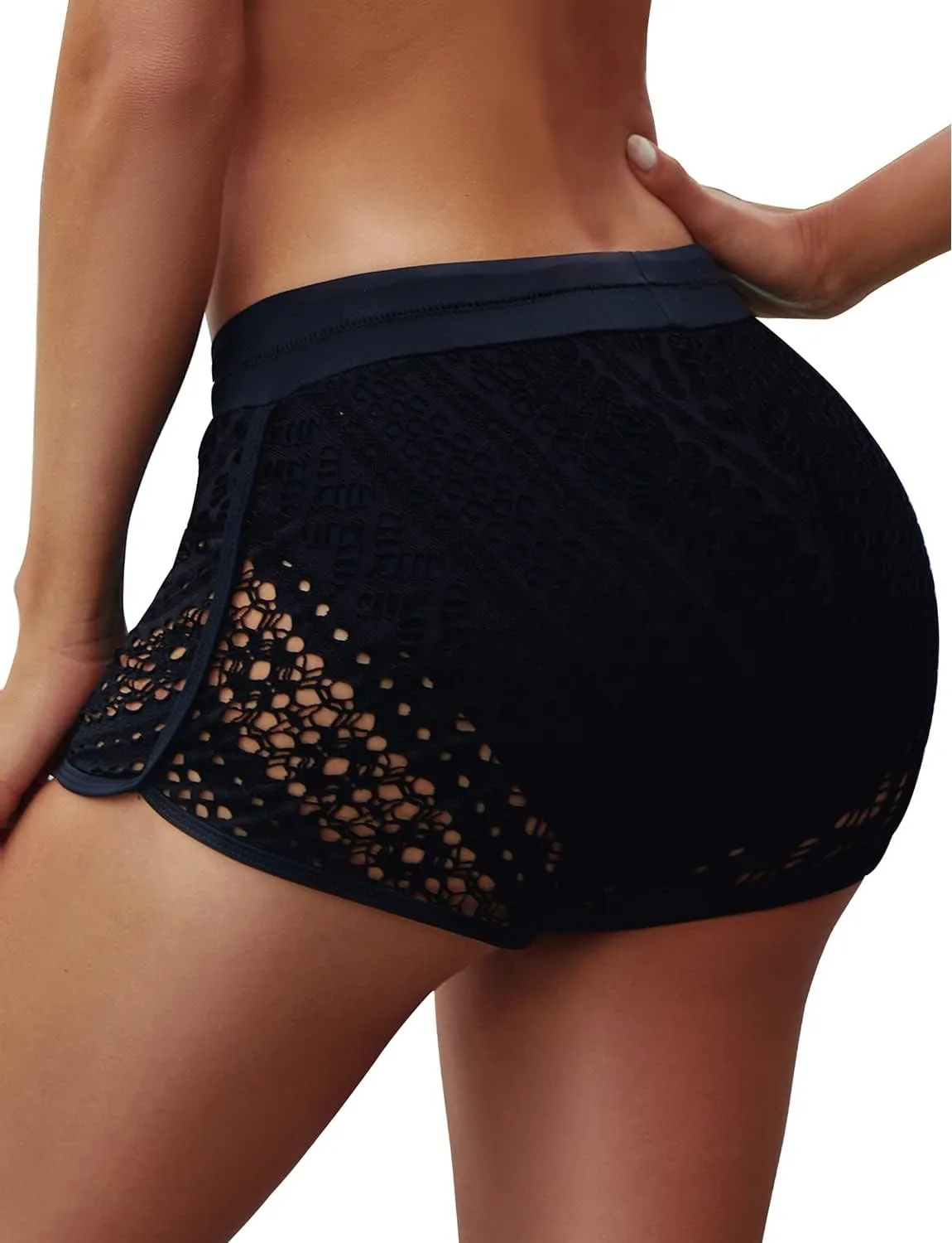 Women's Swim Shorts Waistband Swimsuit Bottom Board Shorts Lace Hollow Swimming