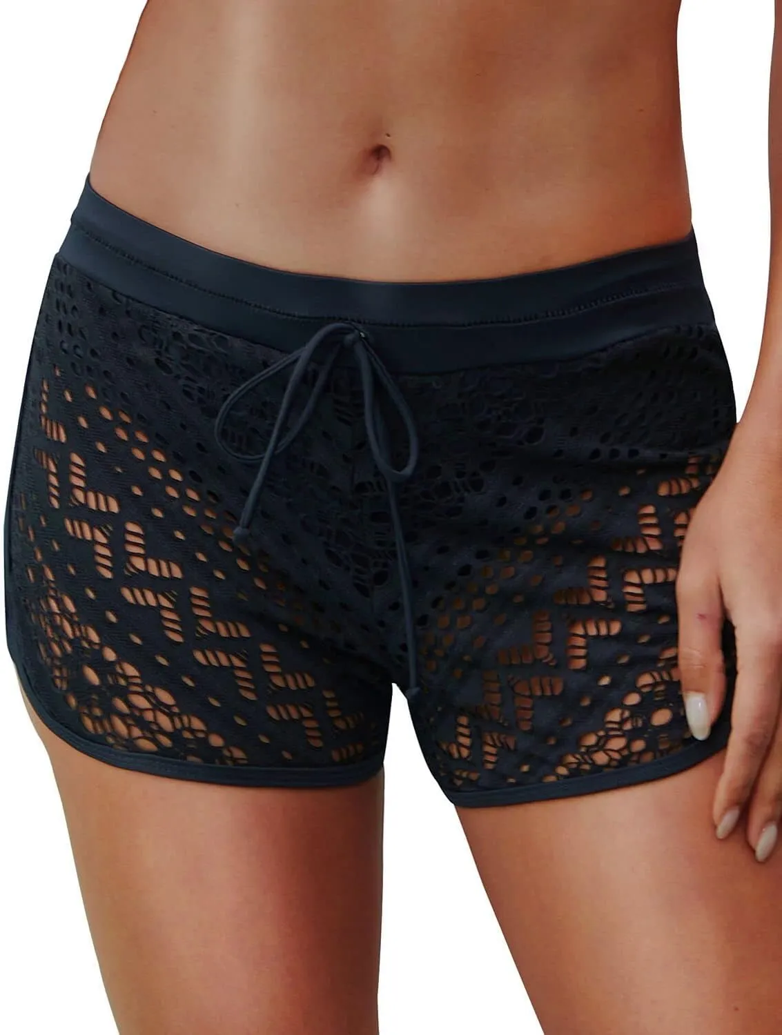 Women's Swim Shorts Waistband Swimsuit Bottom Board Shorts Lace Hollow Swimming
